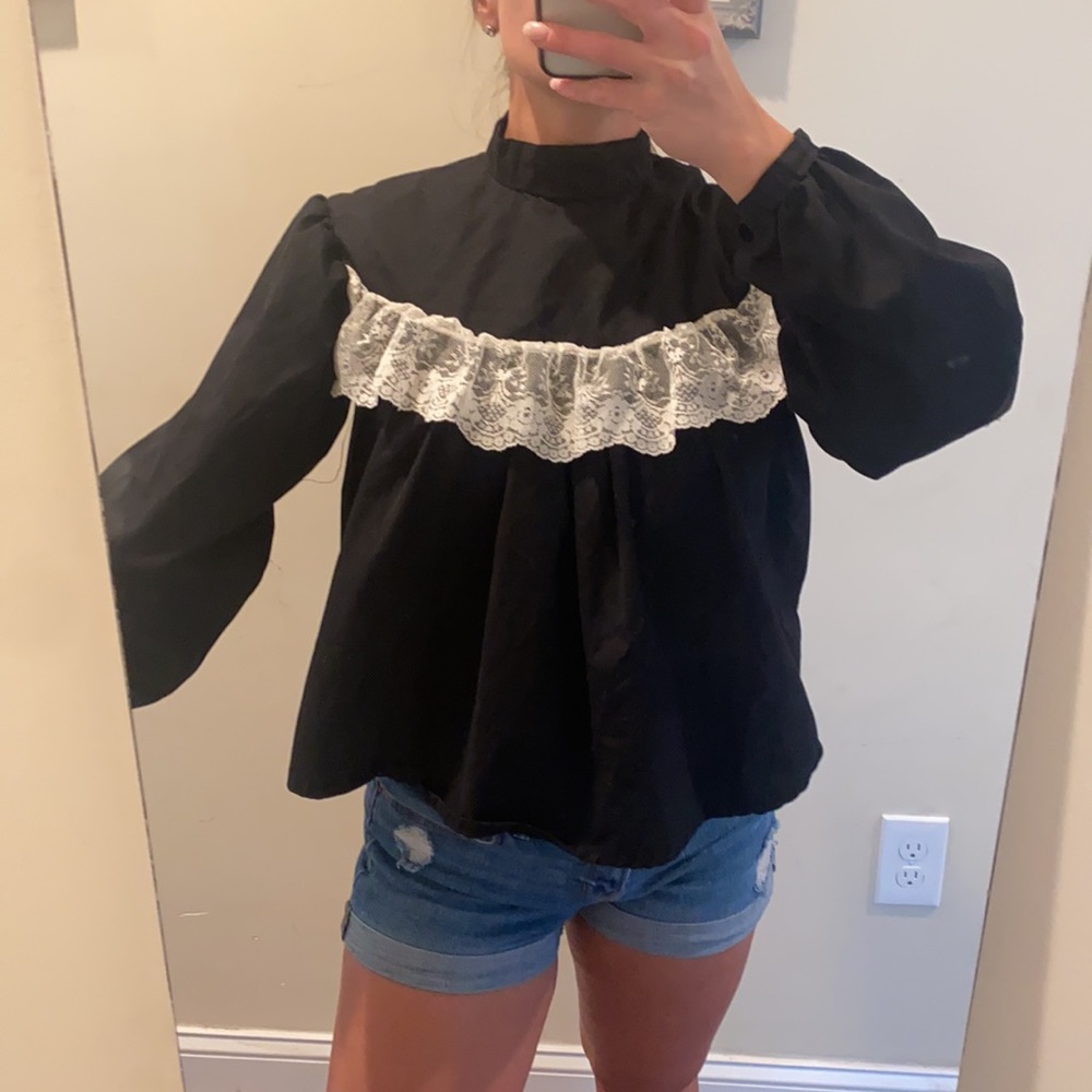 Long Sleeve Mock Neck Peasant Blouse Button Back